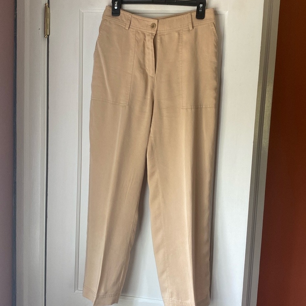 J Crew tencel straight leg pant.  Slightly tapered leg.  Back patch pockets.